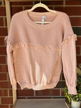 Grace+Karma Blush Pink Fringe Sweater‎ Sz Med Drop Shoulder Balloon Sleeve Boho